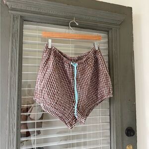 Free People Brown Gingham Drawstring Shorts with Aqua Tie